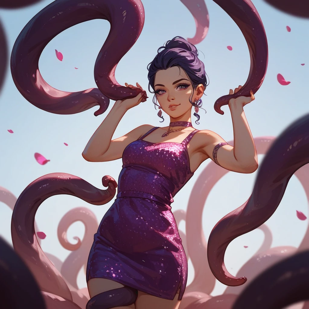 A woman with a ponytail wrapped around tentacles, arms wrapped around, legs wrapped around, wearing a long purple dress. 