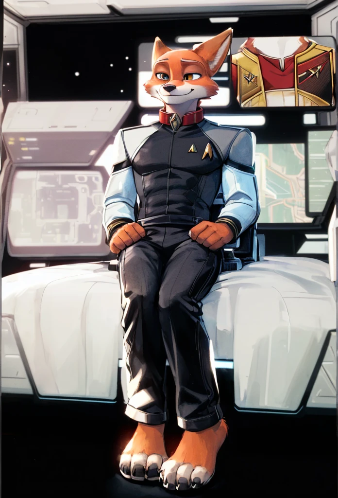 (((Barefoot furry character, full body, cinematic setting, furry male, plantigrade)))
(((Nick Wilde))) exudes confidence and authority as he sits in the captain's chair, and his (((Star Trek DS9 uniform))) with the Starfleet Delta badge on his chest is a perfect match for his muscular figure. Handsome clawed feet paws dominate the bridge of the star ship and its crew. (((black and grey ds9st uniform with red collar))). Bridge of starship with many screens and consoles as background, futuristic look, metalic. anatomically correct, Long black pants, black shirt with gray shoulders, red collar.
BREAK, intricate details, highly detailed, extreme detail, octane render, fine art, best quality, highres, (detailed face:1.5), ((full_body)), UHD, (((perfect hands))), low light