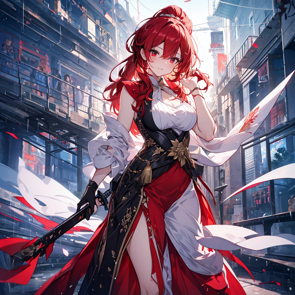 Anime style painting, Aurora, Snow Country, An illustration, Calm expression, Perfect hands, elder, Redhead, Dignity at 50, ほろ酔いのwoman, alone、masterpiece、Highest quality、(Babes)、Fractal Art、Red eyes、Narrow eyes、Black and red dress, Reddish lips、From the shoulders up、smile、一人のwoman、Red Long Ponytail, Curly Hair, Red eyes,Golden accessories, alone, Big Breasts, woman, Take-out, Provocative laughter,40 year old woman,Queen of Sadism, Perfect Human Medicine,Acheron, Estilo Genshin Impact, Combat pose, Very detailed, High resolution, whole body, Sword Rain Red, Black Hole Red