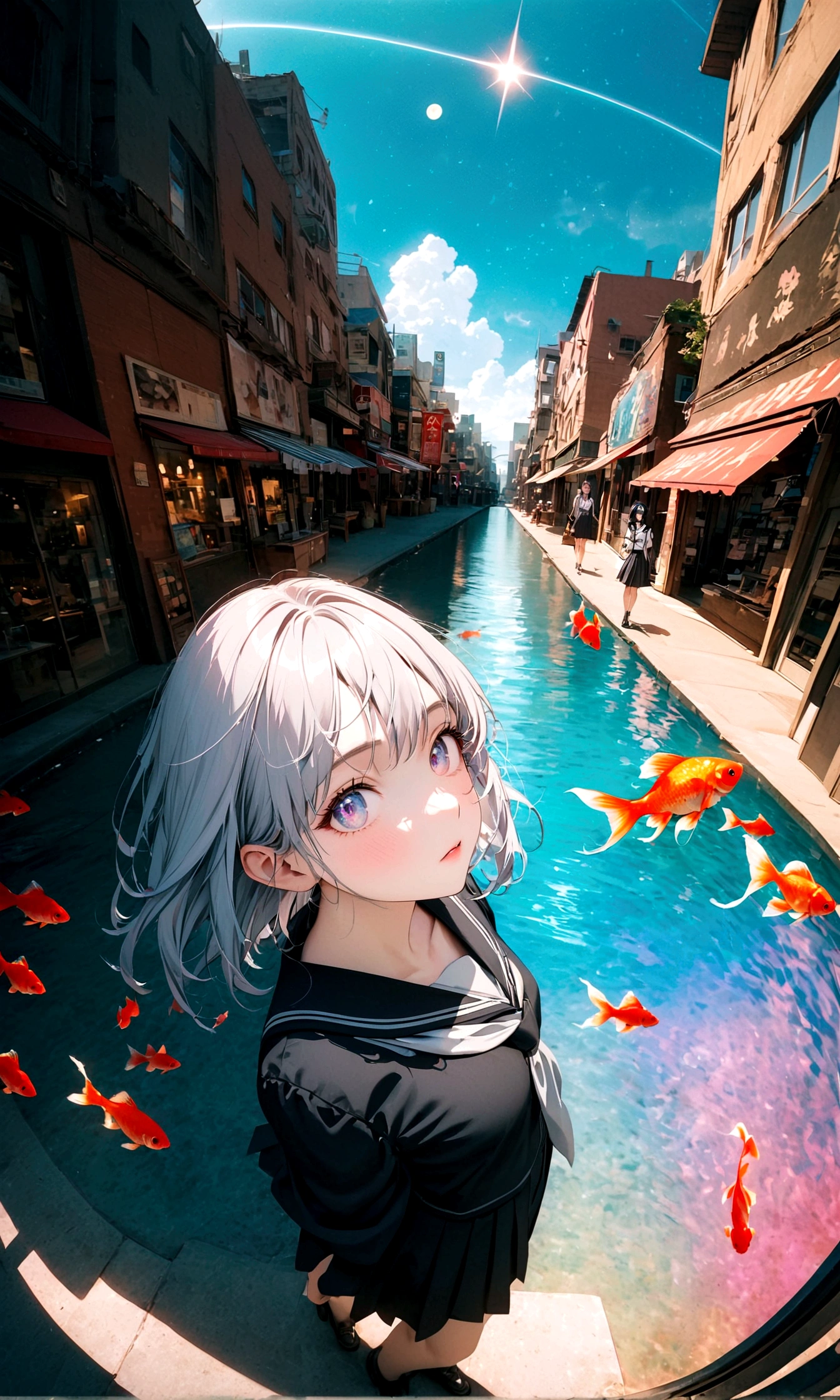 (woman\(student, 15 years old, JK, Silver flowing short hair, Cosmic eyes, Black school uniform, Pale skin, Tired face,Eyes without luster\) look up to the sky), (Many goldfish swimming in the air), Beautiful sky, Beautiful clouds, In summer,Colorful flowers blooming everywhere, (Crystal clear bubbles sparkle in the sky), There is a midday moon and a midday star in the sky, woman is at messy downtown, rest ,quality\(8K,Extremely detailed CG unit wallpaper, masterpiece,high resolution,top-quality,top-quality real texture skin,Surrealism,提high resolution,original photo,Best quality,Very detailed,wallpaper,light,Ray Tracing,Golden Ratio\),(Long Shot),Wide-angle lens,