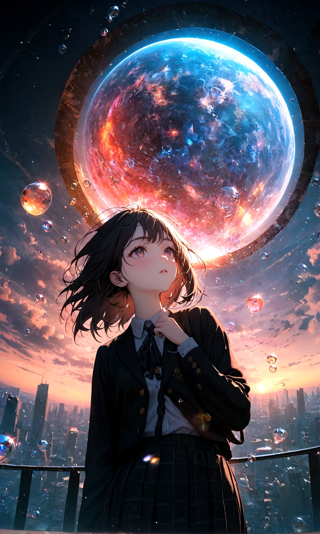 (woman\(student, 15 years old, JK, Silver flowing short hair, Cosmic eyes, Black school uniform, Pale skin, Tired face,Eyes without luster\) look up to the sky), (Many goldfish swimming in the air), Beautiful sky, Beautiful clouds, In summer,Colorful flowers blooming everywhere, (Crystal clear bubbles sparkle in the sky), There is a midday moon and a midday star in the sky, woman is at messy downtown, rest ,quality\(8K,Extremely detailed CG unit wallpaper, masterpiece,high resolution,top-quality,top-quality real texture skin,Surrealism,提high resolution,original photo,Best quality,Very detailed,wallpaper,light,Ray Tracing,Golden Ratio\),(Long Shot),Wide-angle lens,