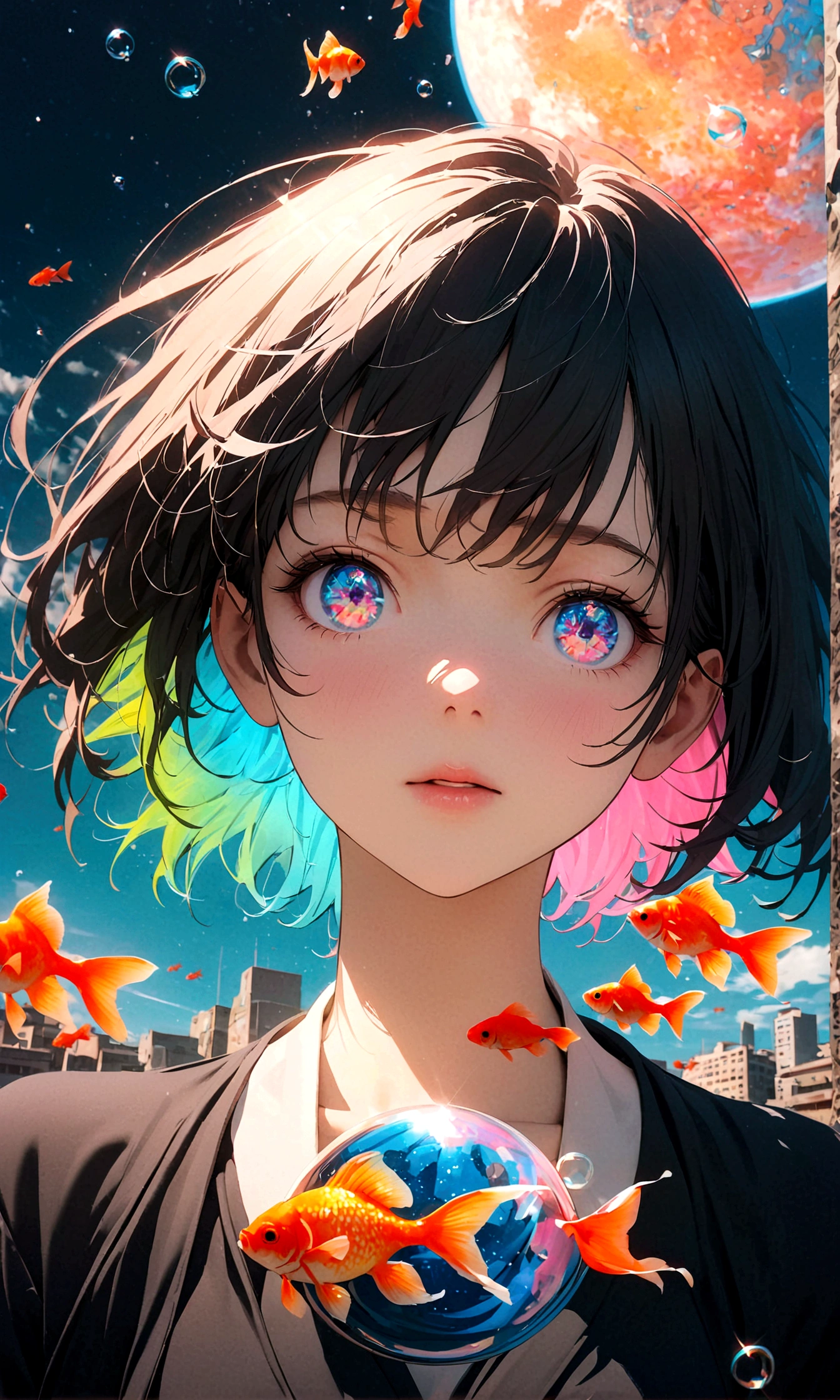 (woman\(student, 15 years old, JK, Silver flowing short hair, Cosmic eyes, Black school uniform, Pale skin, Tired face，Eyes without luster\) look up to the sky), (Many goldfish swimming in the air), Beautiful sky, Beautiful clouds, In summer，Colorful flowers blooming everywhere, (Crystal clear bubbles sparkle in the sky), There is a midday moon and a midday star in the sky, woman is at messy downtown, rest ,quality\(8K,Extremely detailed CG unit wallpaper, masterpiece,high resolution,top-quality,top-quality real texture skin,Surrealism,提high resolution,original photo,Best quality,Very detailed,wallpaper,light,Ray Tracing,Golden Ratio\),(Long Shot),Wide-angle lens,