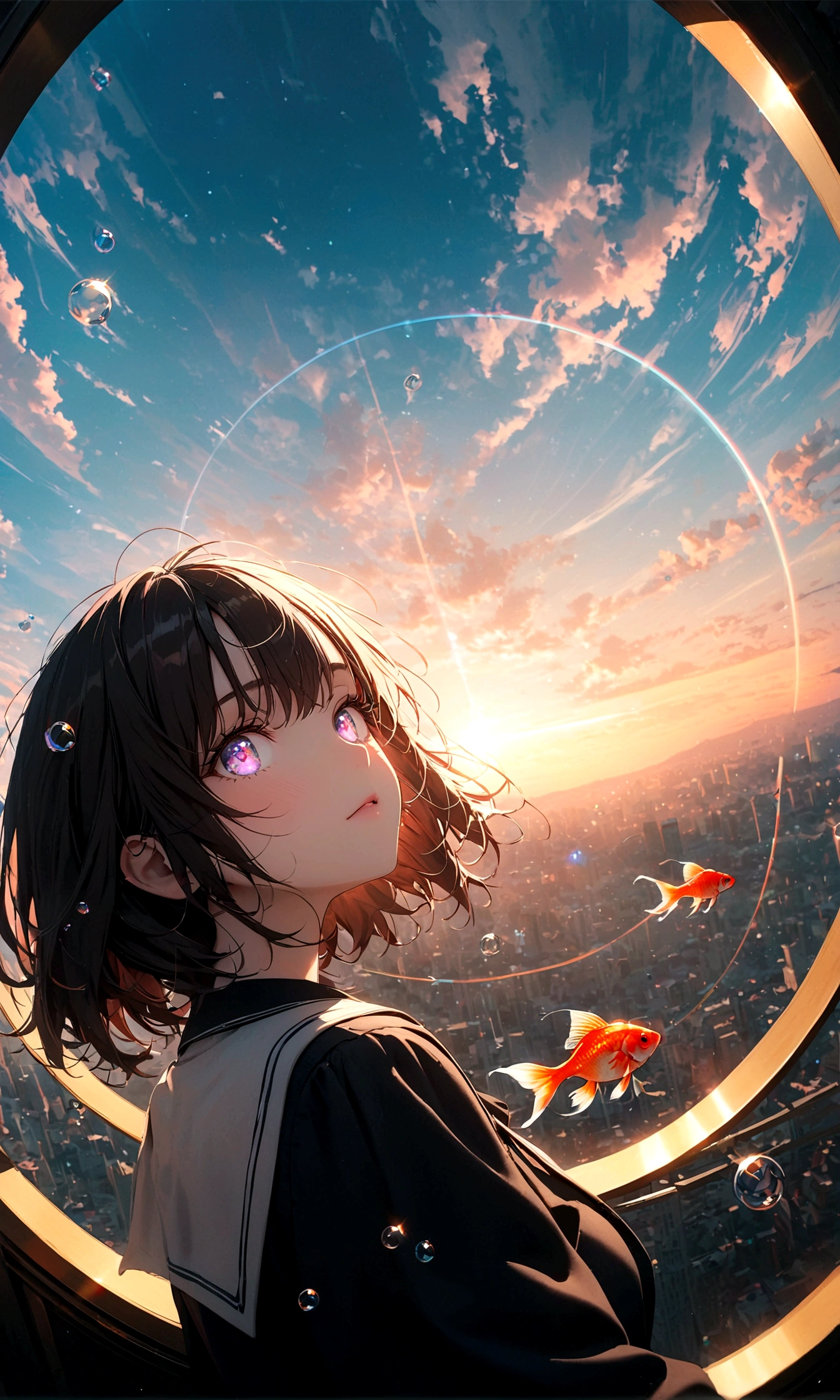 (woman\(student, , JK, Silver flowing short hair, Cosmic eyes, Black school uniform, Pale skin, Tired face，Eyes without luster\) look up to the sky), (Many goldfish swimming in the air), Beautiful sky, Beautiful clouds, In summer，Colorful flowers blooming everywhere, (Crystal clear bubbles sparkle in the sky), There is a midday moon and a midday star in the sky, woman is at messy downtown, rest ,quality\(8K,Extremely detailed CG unit wallpaper, masterpiece,high resolution,top-quality,top-quality real texture skin,Surrealism,提high resolution,original photo,Best quality,Very detailed,wallpaper,light,Ray Tracing,Golden Ratio\),(Long Shot),Wide-angle lens,