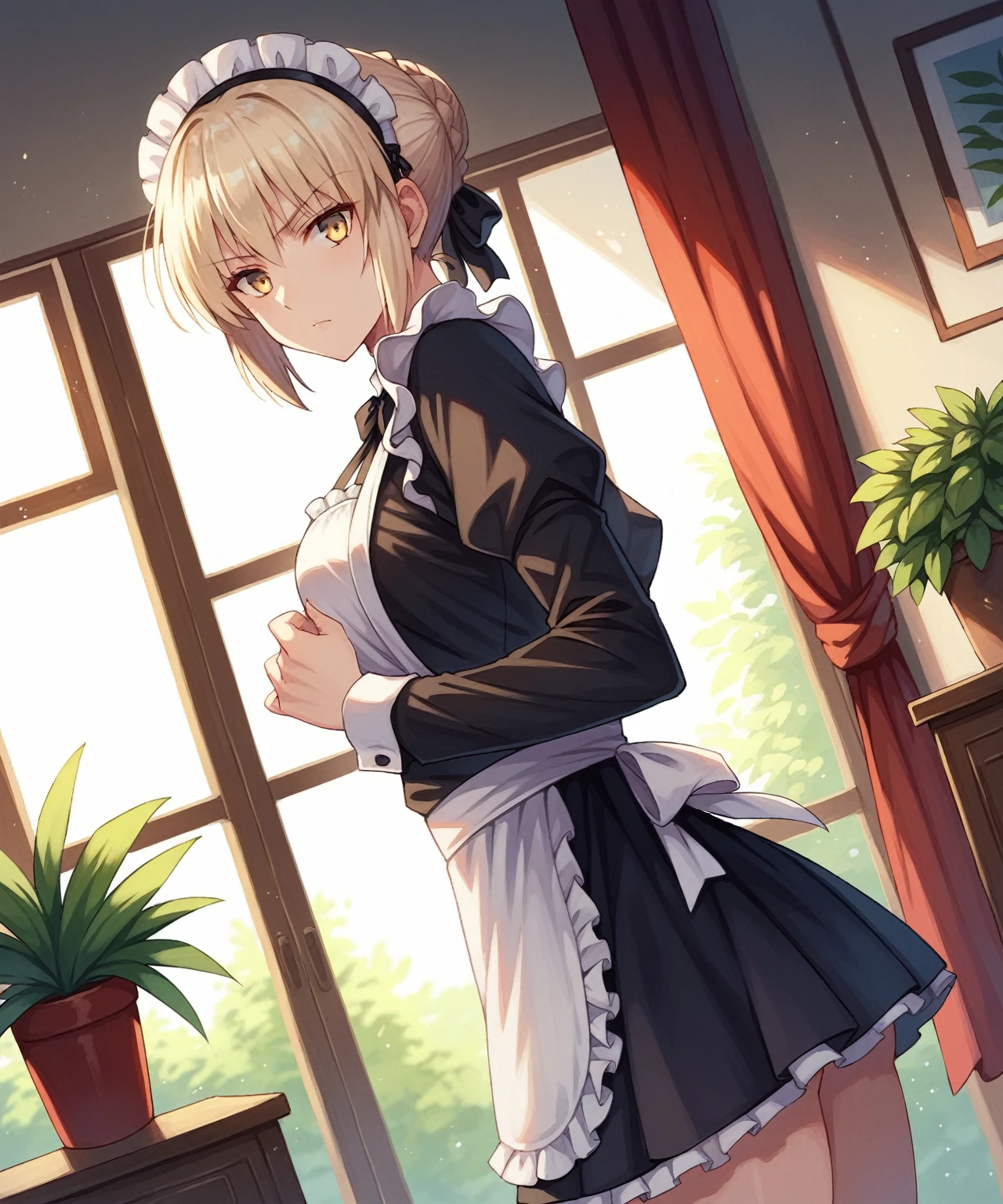 score_9, score_8_up, score_7_up, score_6_up, BREAK source_anime, 1girl, clothed, saber alter, indoors, potted plant, window, sunlight, by kasumi \(skchkko\), looking at viewer, serious, dutch angle, maid uniform, braid