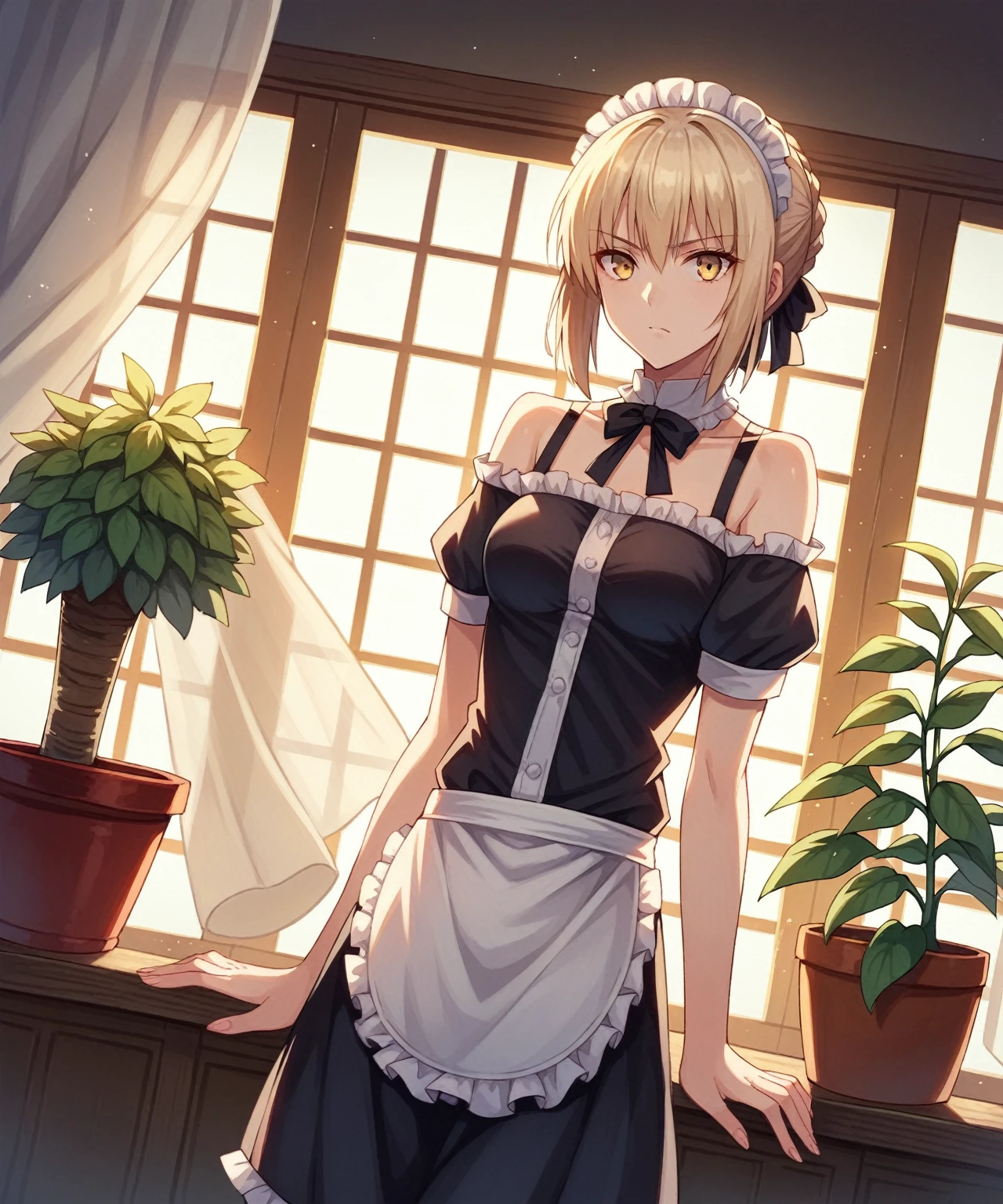 score_9, score_8_up, score_7_up, score_6_up, BREAK source_anime, 1girl, clothed, saber alter, indoors, potted plant, window, sunlight, by kasumi \(skchkko\), looking at viewer, serious, dutch angle, maid uniform, braid