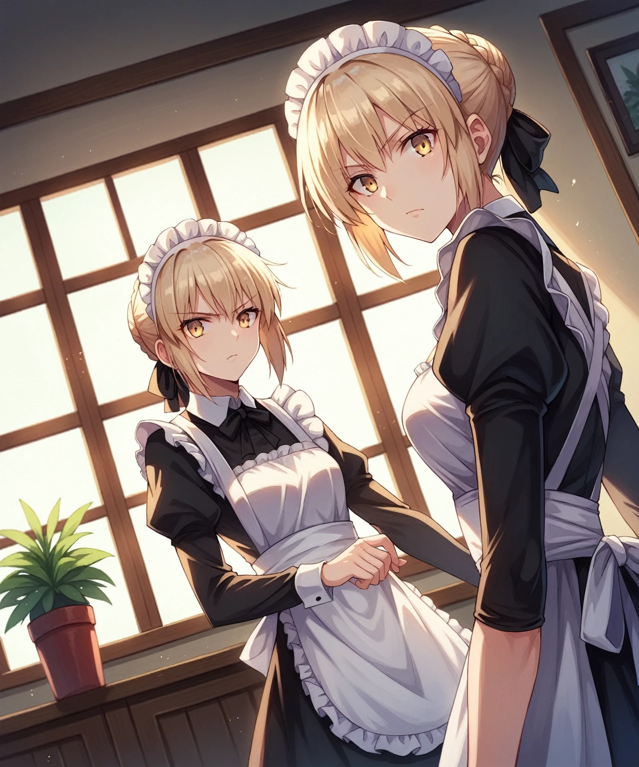 score_9, score_8_up, score_7_up, score_6_up, BREAK source_anime, 1girl, clothed, saber alter, indoors, potted plant, window, sunlight, by kasumi \(skchkko\), looking at viewer, serious, dutch angle, maid uniform, braid