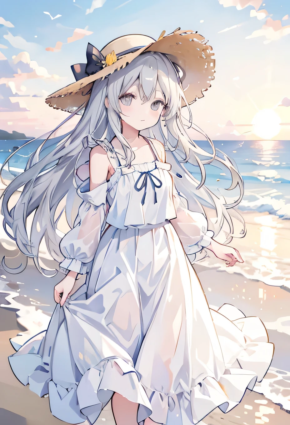 sunset、coastal、Sandy Beach、Straw hat、Fluttering in the wind、Long Hair、Gray Hair、Long skirt、Landscape