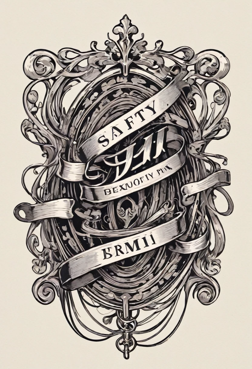 masterpiece、super beautiful、8K、Asymmetric、Long wavy ribbon、flat、An illustration of a safety pin drawn with worn lines in the style of medieval black and white letterpress printing