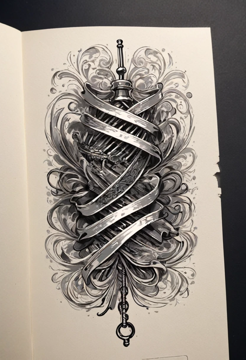 masterpiece、super beautiful、8K、Asymmetric、Long wavy ribbon、flat、An illustration of a safety pin drawn with worn lines in the style of medieval black and white letterpress printing