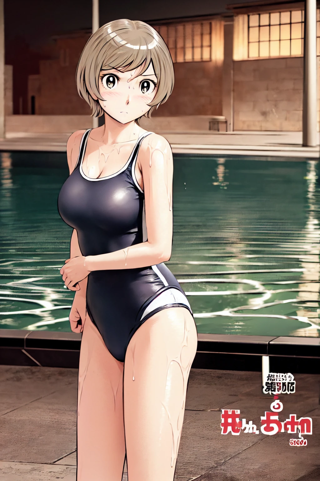 Blonde, (short hair:1.2)、((Illustration of a person))、Big Breasts、
View your viewers,, (Highest quality:1.3),blue eye star piece、Highest quality)、Highest quality, Ultra-high resolution, (((masterpiece))), alone, Sweat、Big eyes、Big Breasts、One Girl, Front view、Embarrassed face、Bronze colored hair、((short hair))、One Girl, alone, blush, Big Breasts,
Bare arms, Wet, Pool, 青いSchool Swimsuit, Thighs, Place your arms at your sides, Bare arms, Cowboy Shot, Are standing, School Swimsuit,bite、High Leg、mansuji、 exposed、Nipples、Shoulder straps fall、One side off-shoulder、Breast Exposure、Happenings