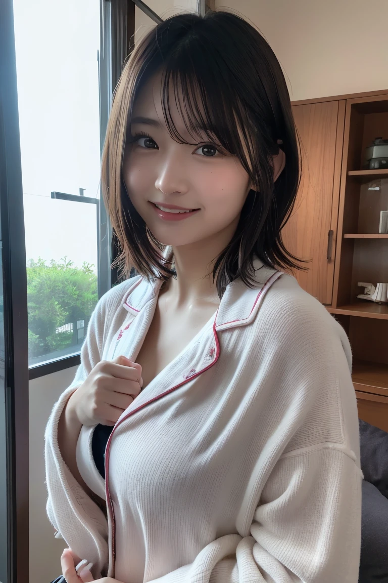 (8K, RAW Photos, Highest quality, High resolution: 1.1), (ultra Realistic: 1.4), (Realistic, Realistic: 1.3), The Beauty of Japan, pajamas, ((Upper Body: 1.3)) High resolution, Realistic image of a Japanese woman with short hair, She has  and red cheeks, Look at that, smile She looks at it, smile, While taking a selfie. Her smartphone is close to her face. She appears to be live streaming from her home., Spread on the bed, With a blanket over my .