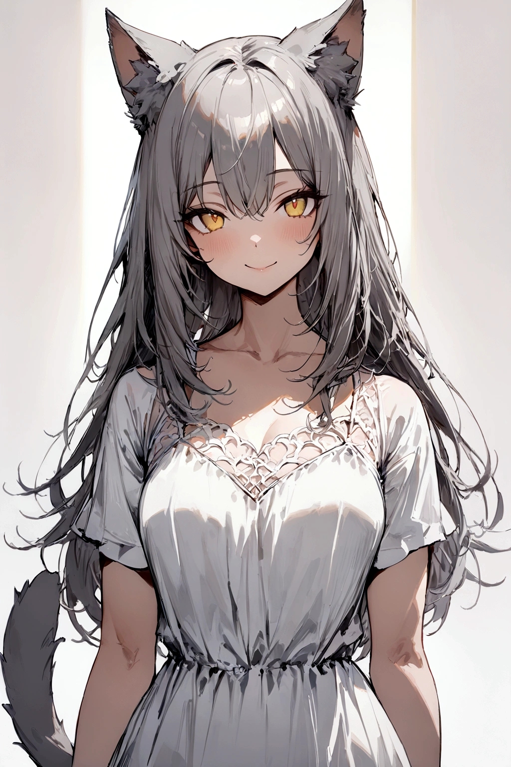((masterpiece)), ((best quality)), (from front, facing front:1.1), (close-up:1.2), (half-body shot:1.36), perfect ???????, 1girl, solo, adult cat girl, long gray straight hair, yellow round eyes, gray cat ears, gray fluffy cat tail, basic short-sleeved loose white dress, smiling, looking at viewers