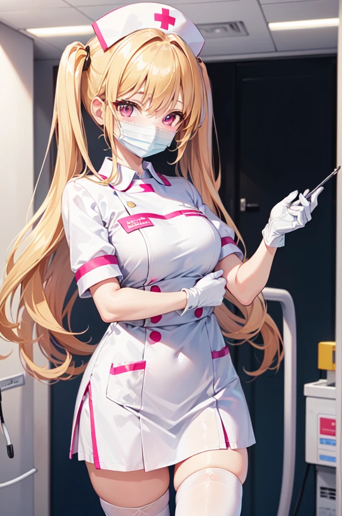 (((masterpiece))), ((best quality)), detailed, solo, 1 girl, Hoshino Ruby, fine lingerie, (rain), chest curtains, nurse&#39;s cap, latex gloves, surgical mask, dog pose, sexy pose, collar around neck, dog leash around neck,