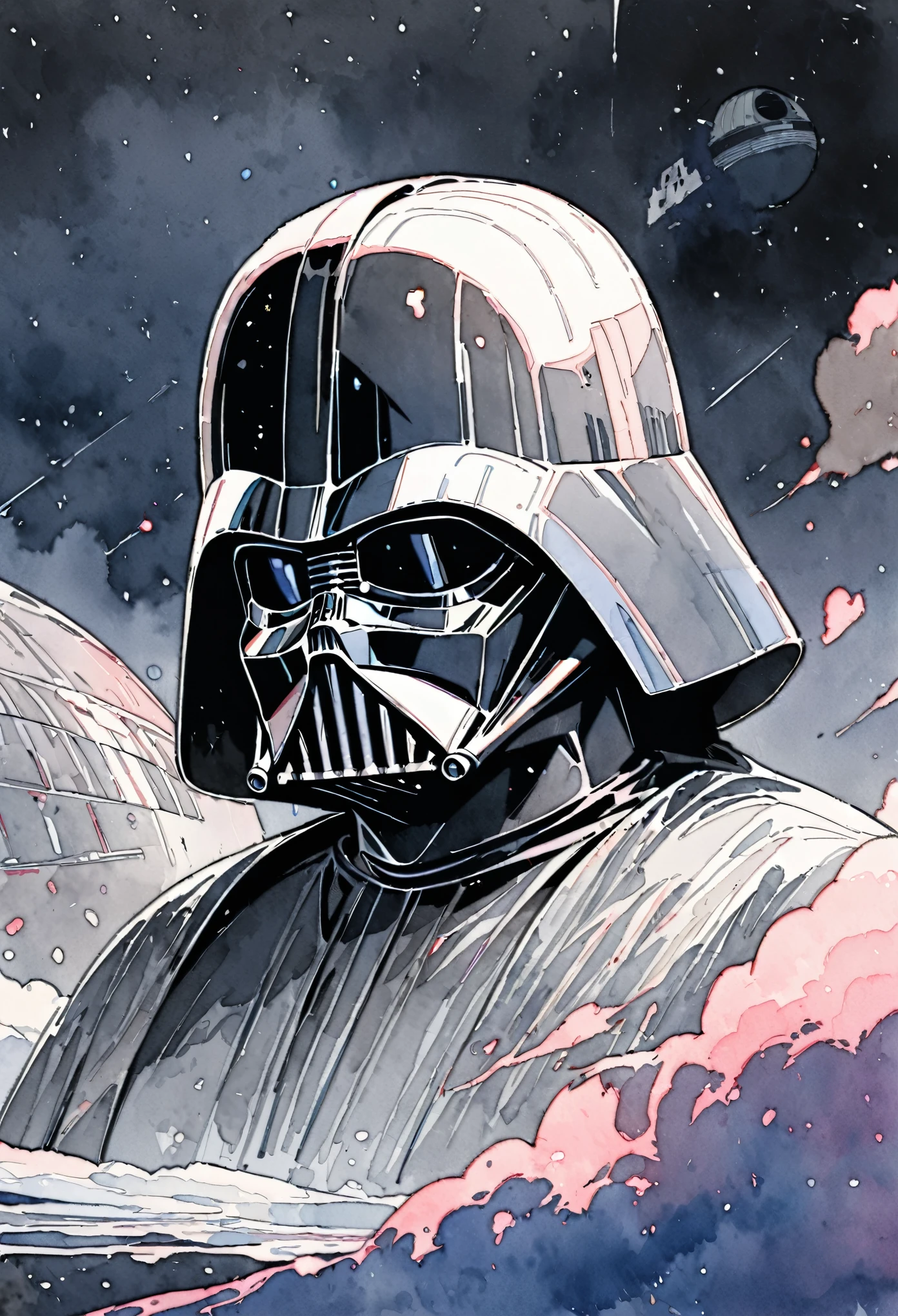 (masterpiece),(Highest quality),(Super detailed),(High resolution),((Line art)),((Watercolor)),8K,wallpaper,Darth Vader,Star Wars,((Death Star in the background))