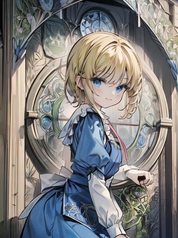 masterpiece, Highest quality, Very detailed, 16K, Ultra-high resolution, Cowboy Shot, Alice in Wonderland, (art nouveau:1.5), , Detailed face, smile, blue eyes,Blonde, Long Hair, Ribbon on head, Blue clothes, White apron, In a room with a big clock