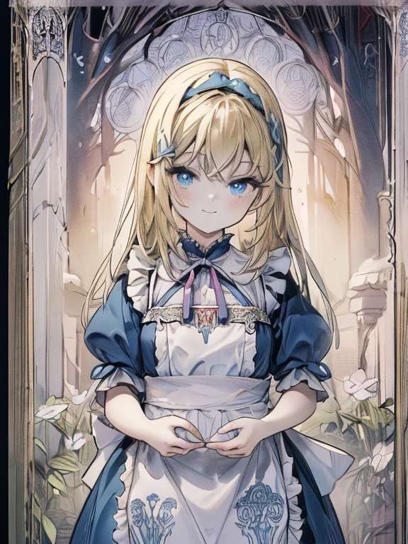 masterpiece, Highest quality, Very detailed, 16K, Ultra-high resolution, Cowboy Shot, Alice in Wonderland, (art nouveau:1.5), 10-year-old girl, Detailed face, smile, blue eyes,Blonde, Long Hair, Ribbon on head, Blue clothes, White apron, In a room with a big clock