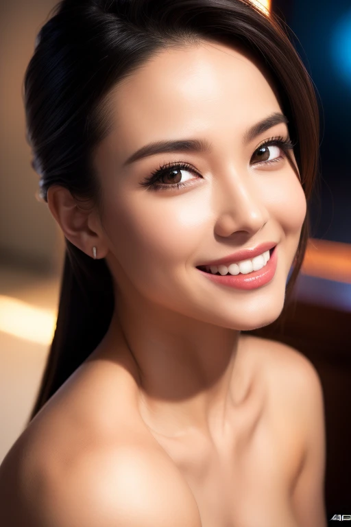 a gorgeous busty woman, ponytail, casual, beautiful detailed smile, beautiful detailed teeth, POV, lover, cinematic dramatic lighting, (best quality,4k,8k,highres,masterpiece:1.2),ultra-detailed,(realistic,photorealistic,photo-realistic:1.37),HDR,UHD,studio lighting,ultra-fine painting,sharp focus,physically-based rendering,extreme detail description,professional,vivid colors,bokeh,portrait,photorealistic,cinematic