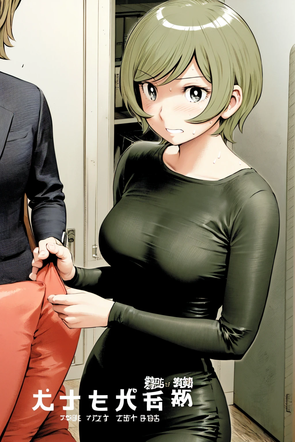 、(masterpiece、Highest quality)、Highest quality, Ultra-high resolution, (((masterpiece))), alone, Sweat、Big eyes,office、Tight white dress shirt、Tight black suit、Tight black pants、indoor、Composition from the front、(Cut the back hair short、short hair、blonde、woman)、Shortcuts、Embarrassed face、Cut your hair short、可愛いwomanの子、Big Breasts、Sit on a chair、Face to face、Composition from the front、View your viewers