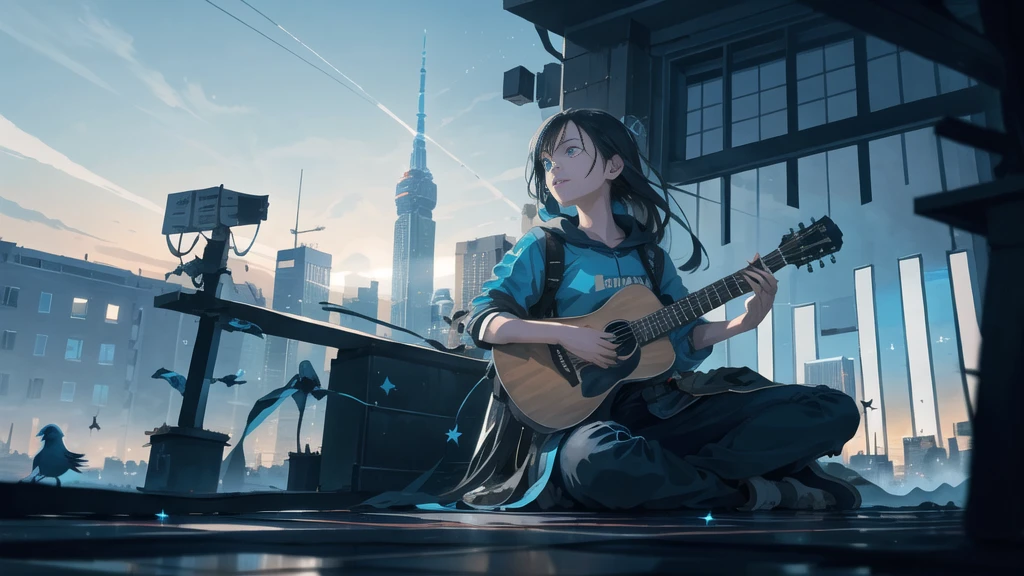 Octane, null, star (null), scenery, Blue Parakeet,starry null, night, One girl, night null, alone, Outdoor, Blue Parakeet,building, cloud, milky way, Sitting, wood, Long Hair, I have an acoustic guitar.,city, silhouette, cityscape