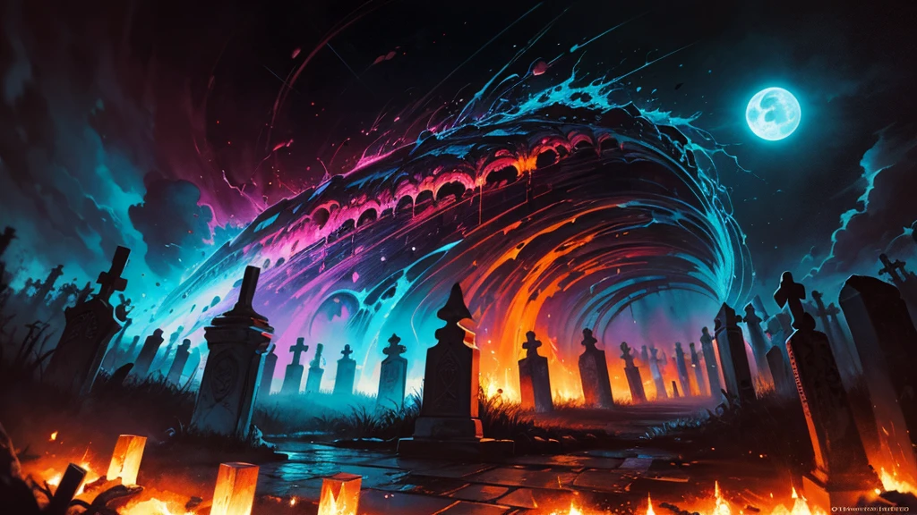 "Ghostly gothic graveyard bloodmoon in an detailed line and watercolor by Josephine Wall :: CGSociety :: Mark Brooks :: Dan Mumford :: vibrant deep midnight hour colors""graffiti art, splash art, street art, spray paint, oil gouache melting, acrylic, high contrast, colorful polychromatic, ultra detailed, ultra quality, CGSociety"
