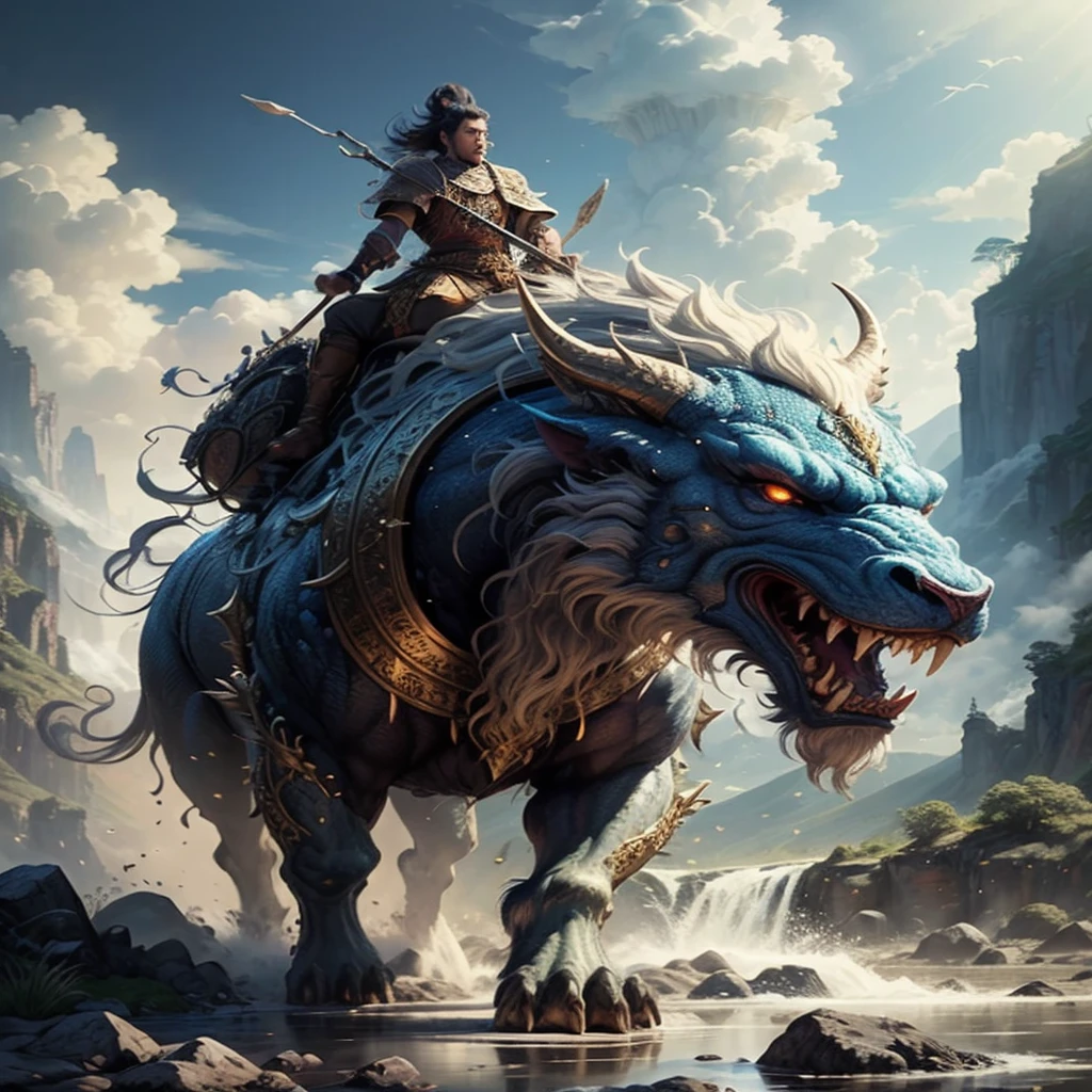 (Best quality,8K,A high resolution,tmasterpiece:1.2),ultra - detailed,(actual,realistically,realisticlying:1.37),Ancient beasts from hell,Chinese mythology,Mountain and Sea Sutra,the mountains and the sea,Ancient legends,mythological creatures,Sparkling golden scales,deer antlers,mane hair,quadrupedal,sharp talons,beast of prey,buck teeth,sparkling big eyes,golden rays of sunlight, Surrounded by clouds,Flowing waterfall, Towering mountains, Un bosque tranquilo, Intricate fantasy ink painting, Detailed fantasy ink illustration, Fantasy detailed, beautiful detailed fantasy, Magical fantasy very detailed, Highly detailed fantasy art, Rivendell Epic Fantasy, japanese fantasy, detailed fantasy digital art, chinese fantasy, detailed fantasy art,