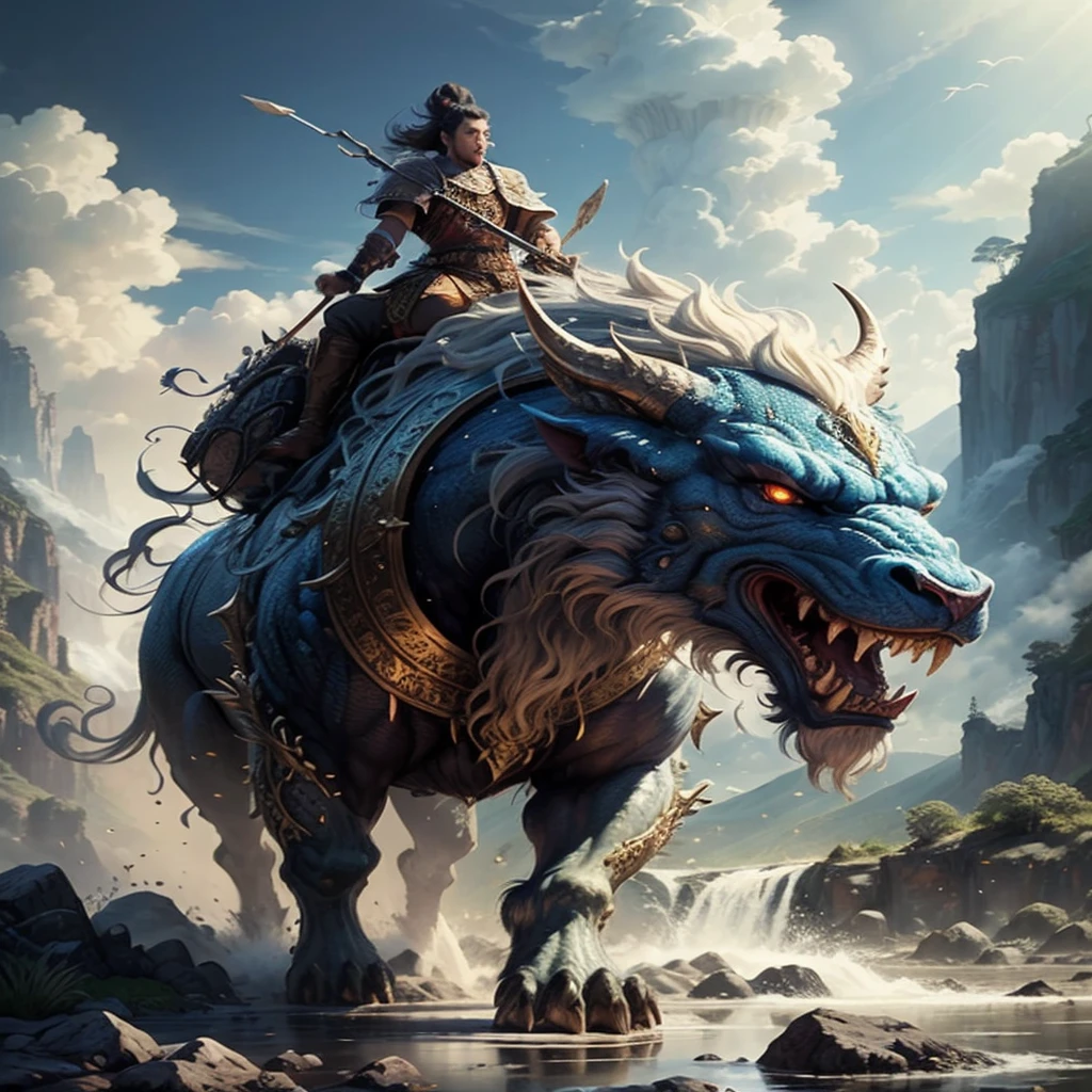 (Best quality,8K,A high resolution,tmasterpiece:1.2),ultra - detailed,(actual,realistically,realisticlying:1.37),Ancient beasts from hell,Chinese mythology,Mountain and Sea Sutra,the mountains and the sea,Ancient legends,mythological creatures,Sparkling golden scales,deer antlers,mane hair,quadrupedal,sharp talons,beast of prey,buck teeth,sparkling big eyes,golden rays of sunlight, Surrounded by clouds,Flowing waterfall, Towering mountains, Un bosque tranquilo, Intricate fantasy ink painting, Detailed fantasy ink illustration, Fantasy detailed, beautiful detailed fantasy, Magical fantasy very detailed, Highly detailed fantasy art, Rivendell Epic Fantasy, japanese fantasy, detailed fantasy digital art, chinese fantasy, detailed fantasy art,