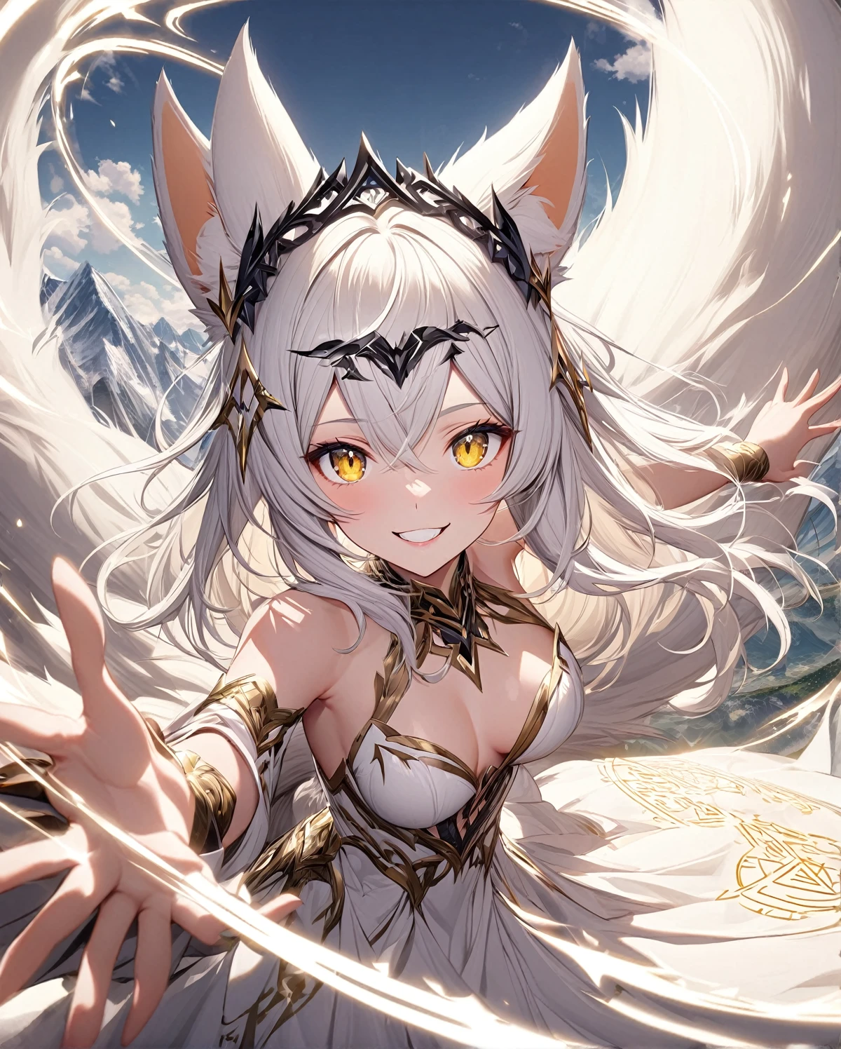 perfect eyes, elegant stance, ((small neko ears)), ((fox tail)), happy, long white hair, yellow eyes, enchanting look, black tiara, mountain, clouds, epic, close shot, looking at viewer, parted lips, teeth, cute smile, medium breast, white dress, bare shoulders, magic circle glyph incantation from one hand 