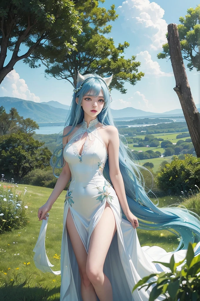 ((Masterpiece, best quality)),(illustration),(detailedlight),((Delicate and extremely beautiful)),1 girl,GodolphinArab,long hair,blue hair,green eyes,Horse ears,Horse Girl,hair_decorations,white dress, bare shoulders, ,Sleeveless,evening dress,long dress,outdoor, light,sky, horizon, meadow, forest, very large breasts