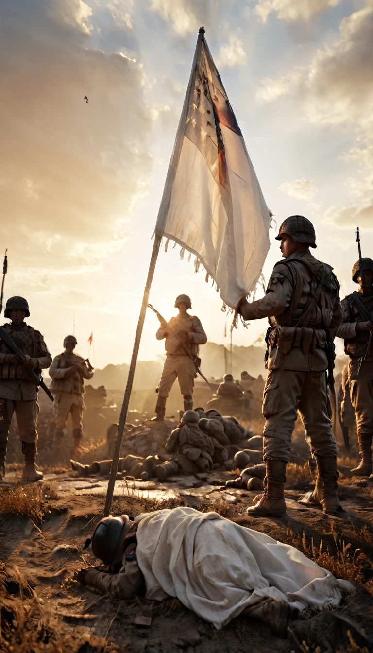 The sun rising over a battlefield where a white flag has been raise, holding a white flag, hyper realistic, ultra detailed hyper realistic, photorealistic, Studio Lighting, reflections, dynamic pose, Cinematic, Color Grading, Photography, Shot on 50mm lens, Ultra-Wide Angle, Depth of Field, hyper-detailed, beautifully color, 8k, golden light from the front,