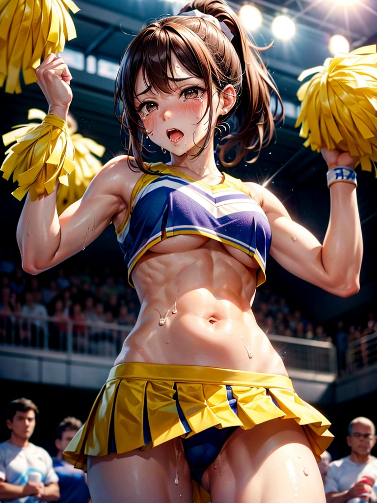 Highest Resolution,Highest quality,((Cheerleader holding a sports drink)),sunny,Tears and saliva dripping,Brown hair ponytail,Sweating profusely,whole body,Belly button,Abdominal muscles,Crying face,