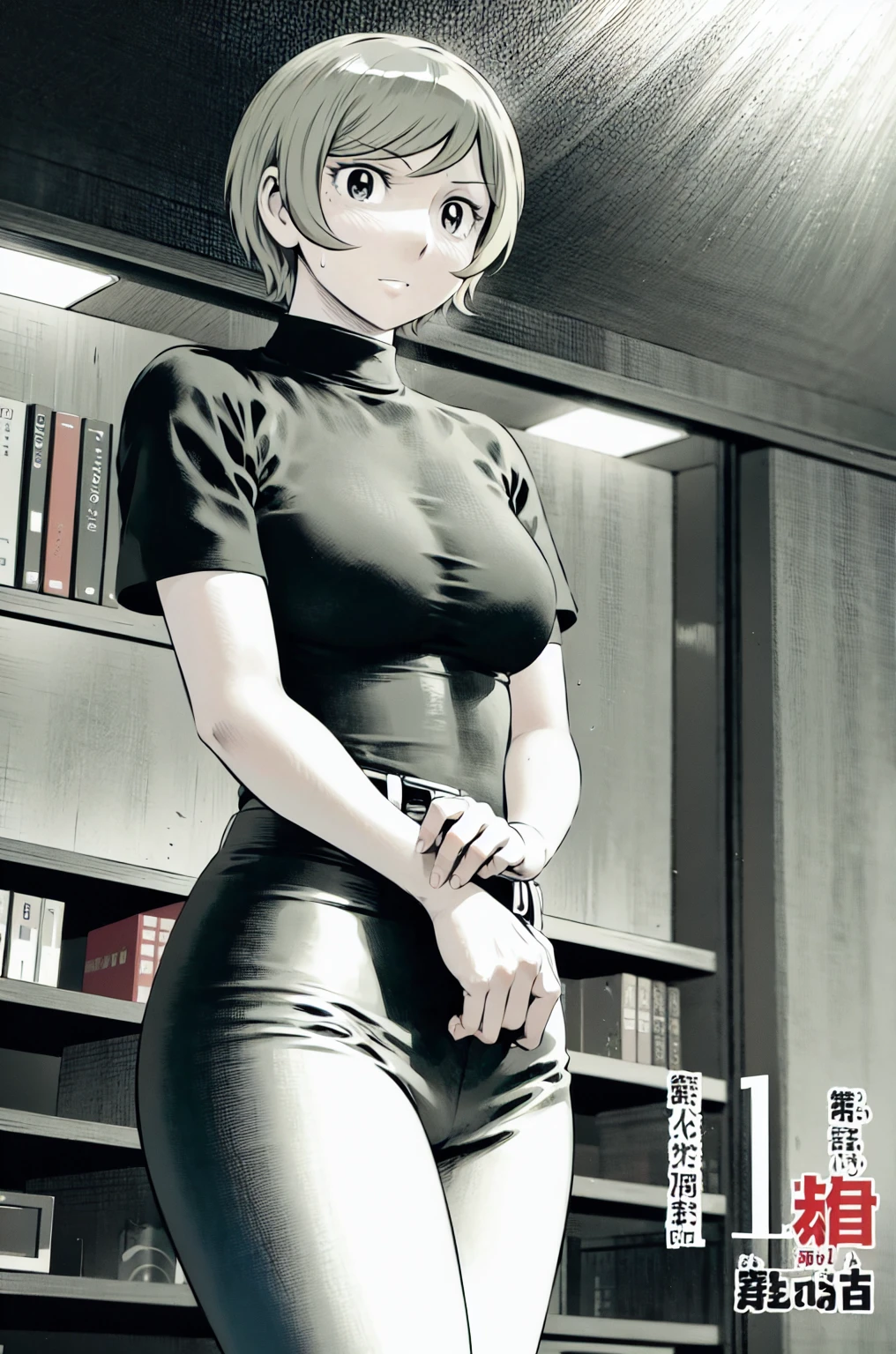 、(masterpiece、Highest quality)、Highest quality, Ultra-high resolution, (((masterpiece))), alone, Sweat、Big eyes,Tight black shirt、Tight white pants、belt、indoor、Composition from the front、(Cut the back hair short、short hair、blonde、woman)、Shortcuts、Embarrassed face、Cut your hair short、可愛いwomanの子、Big Breasts、office