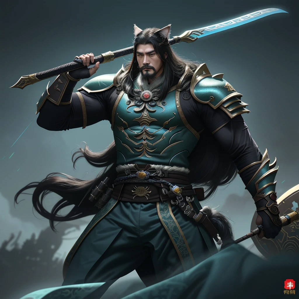 Guan Yunchang, renowned hero from the Three Kingdoms era, rides atop a colossal, long-haired Persian feline. This is no ordinary cat, as it boasts an unrealistic muscular build, measuring an astounding 20 meters in length and possessing immense strength. Its muscular form is defined by gigantic pecs and deltoid muscles, giving it a look that defies the norm.
Guan Yunchang himself is a vision to behold, clad in futuristic cyberpunk armor. His body, encased in a high-gloss polymer, showcases an artistic blend of edge strength splash effects and huge lines