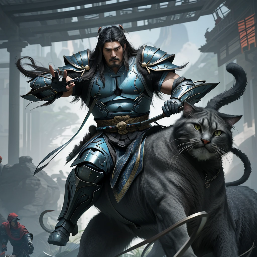 Guan Yunchang, renowned hero from the Three Kingdoms era, rides atop a colossal, long-haired Persian feline. This is no ordinary cat, as it boasts an unrealistic muscular build, measuring an astounding 20 meters in length and possessing immense strength. Its muscular form is defined by gigantic pecs and deltoid muscles, giving it a look that defies the norm.
Guan Yunchang himself is a vision to behold, clad in futuristic cyberpunk armor. His body, encased in a high-gloss polymer, showcases an artistic blend of edge strength splash effects and huge lines