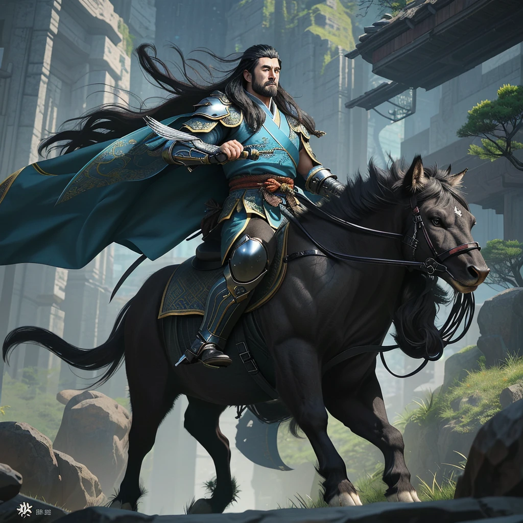 Guan Yunchang, renowned hero from the Three Kingdoms era, rides atop a colossal, long-haired Persian feline. This is no ordinary cat, as it boasts an unrealistic muscular build, measuring an astounding 20 meters in length and possessing immense strength. Its muscular form is defined by gigantic pecs and deltoid muscles, giving it a look that defies the norm.

Guan Yunchang himself is a vision to behold, clad in futuristic cyberpunk armor. His body, encased in a high-gloss polymer, showcases an artistic blend of edge strength splash effects and huge lines