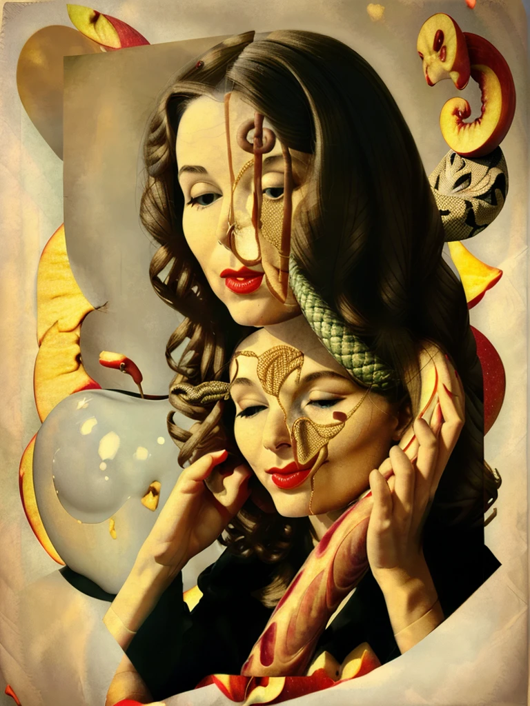 a collage of a portrait: (woman eating Apple) und with a Snake in the background