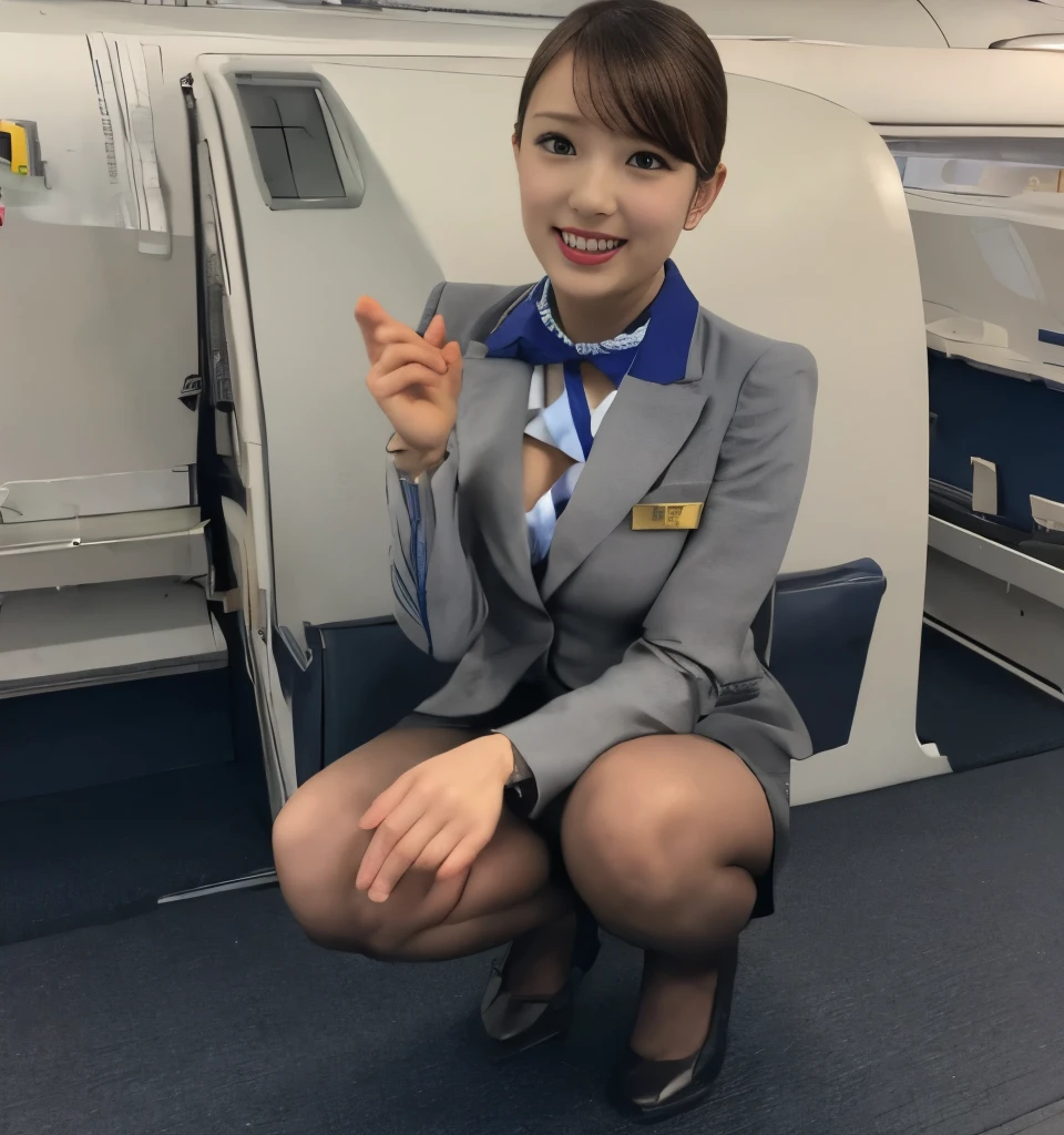 Highest quality、、Ultra-high resolution、masterpiece、Clear photos、Professional Lighting、smile、Very cute girl、Very cute Yoda Yuki、Very delicate and beautiful、(Large erect nipples、Her cleavage is visible)、Ultra slim、Slender body、Tight waist、Beautiful feet、(stewardess、Wearing a uniform)、(squat:1.6)、Berry Shortcut、Brown Hair、Full body photo