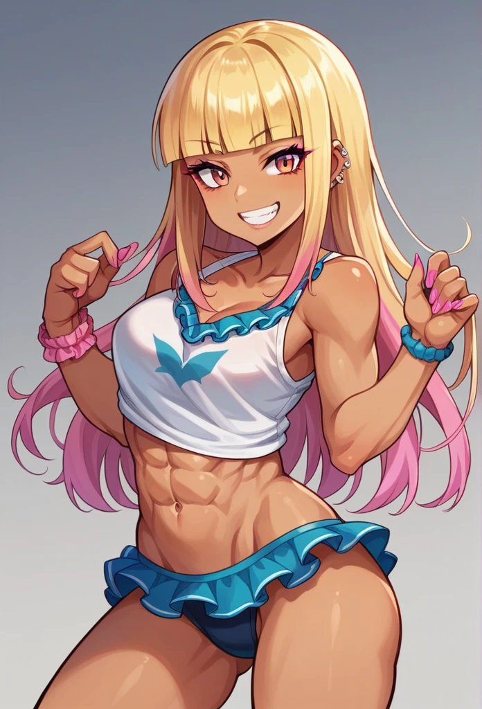 ((young girl ,short stature,gyaru)) ,big chest,((hime cut tied back,)), abs, nsfw,heavyset,looking at viewer,frilled one-piece-swimsuit,,evil smiling,cowboy shot