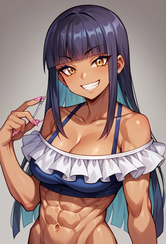 ((young girl ,short stature,gyaru)) ,big chest,((hime cut tied back,)), abs, nsfw,heavyset,looking at viewer,frilled one-piece-swimsuit,,evil smiling,cowboy shot