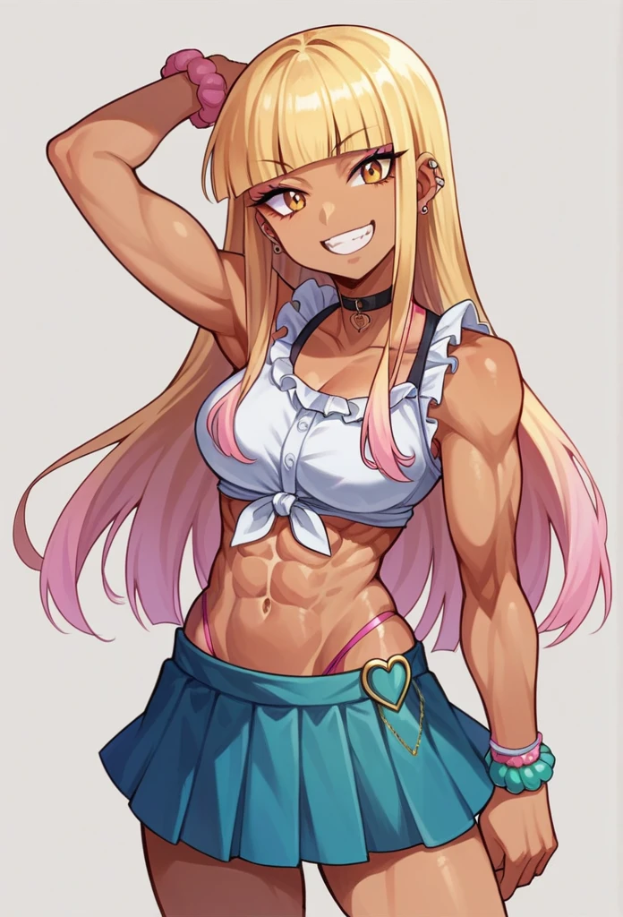 ((young girl ,short stature,gyaru)) ,big chest,((hime cut tied back,)), abs, nsfw,heavyset,looking at viewer,frilled one-piece-swimsuit,,evil smiling,cowboy shot