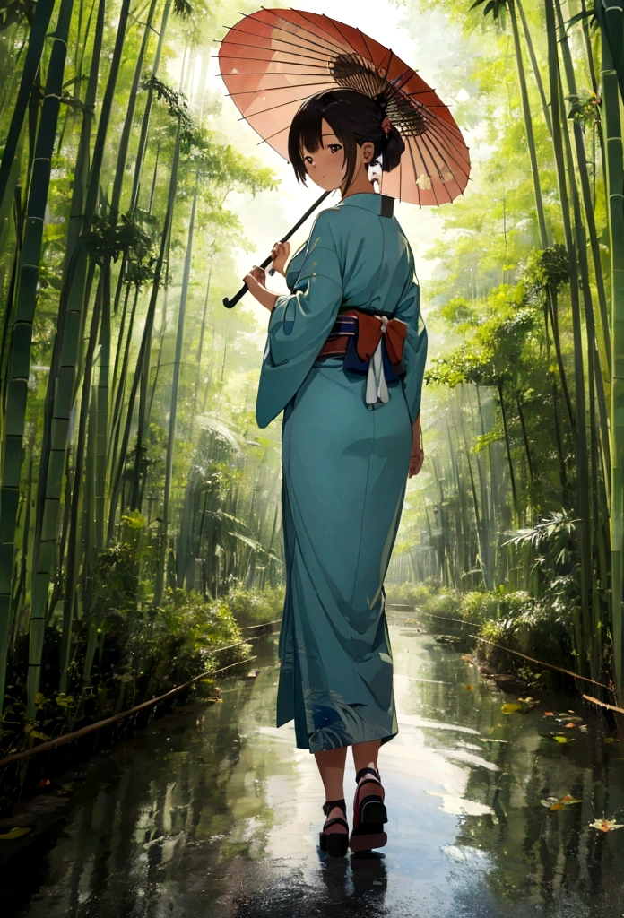 "(best quality,highres,masterpiece:1.2), working ofice ,serene bamboo forest,bamboo leaves gently falling in the wind,beautiful girl in kimono, holding umbrella, walking away from camera, full body wallpaper for mobile. from behind