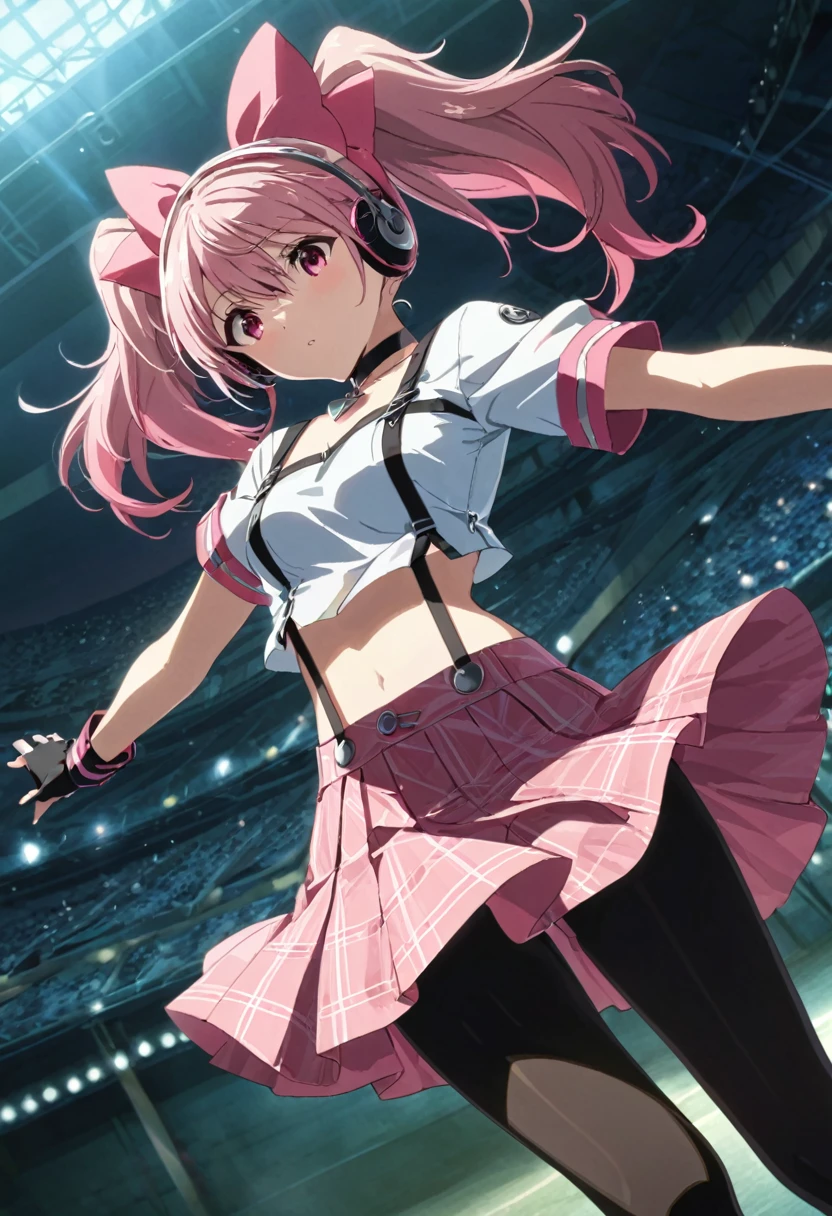 ,(mediumshot:1),kujikawadancing, twintails, hair bow, headphones, white shirt, crop top, short sleeves, suspenders, pink skirt, black thighhighs, fingerless gloves, single glove, choker, midriff,v-over eyes,,cinematic angle, anime screencap:0.8, official art, masterpiece, best quality,UHD,HDR,aesthetic,very aesthetic,,