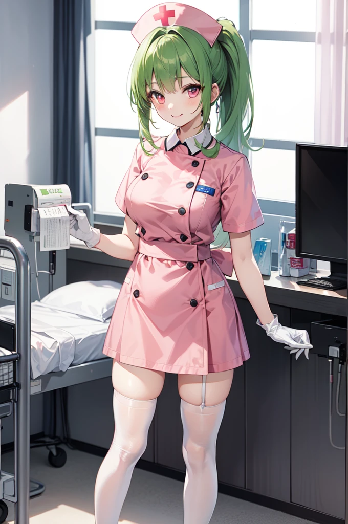 1girl, solo, nurse, nurse cap, white nurse uniform, ((white legwear, zettai ryouiki)), white gloves, ponytail, green hair, pink eyes, smile, standing, ((hospital room)), sharp outline, short sleeves, best quality, masterpiece