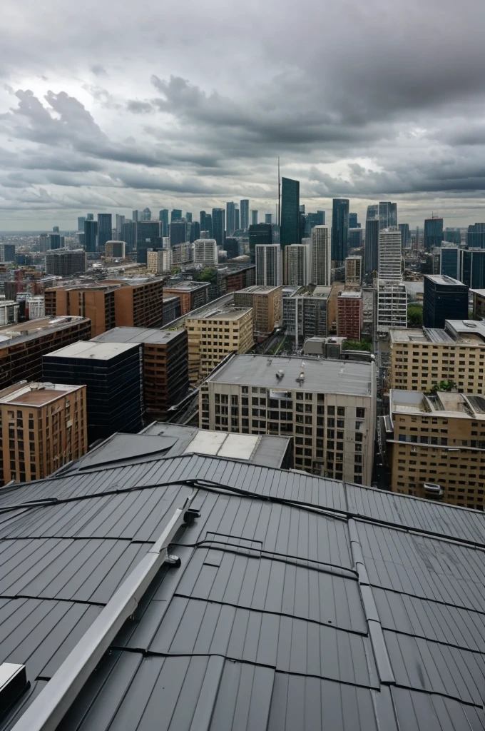 Wide angle view of the rooftop, can see the city in the background. The sky is gloomy with thick clouds.