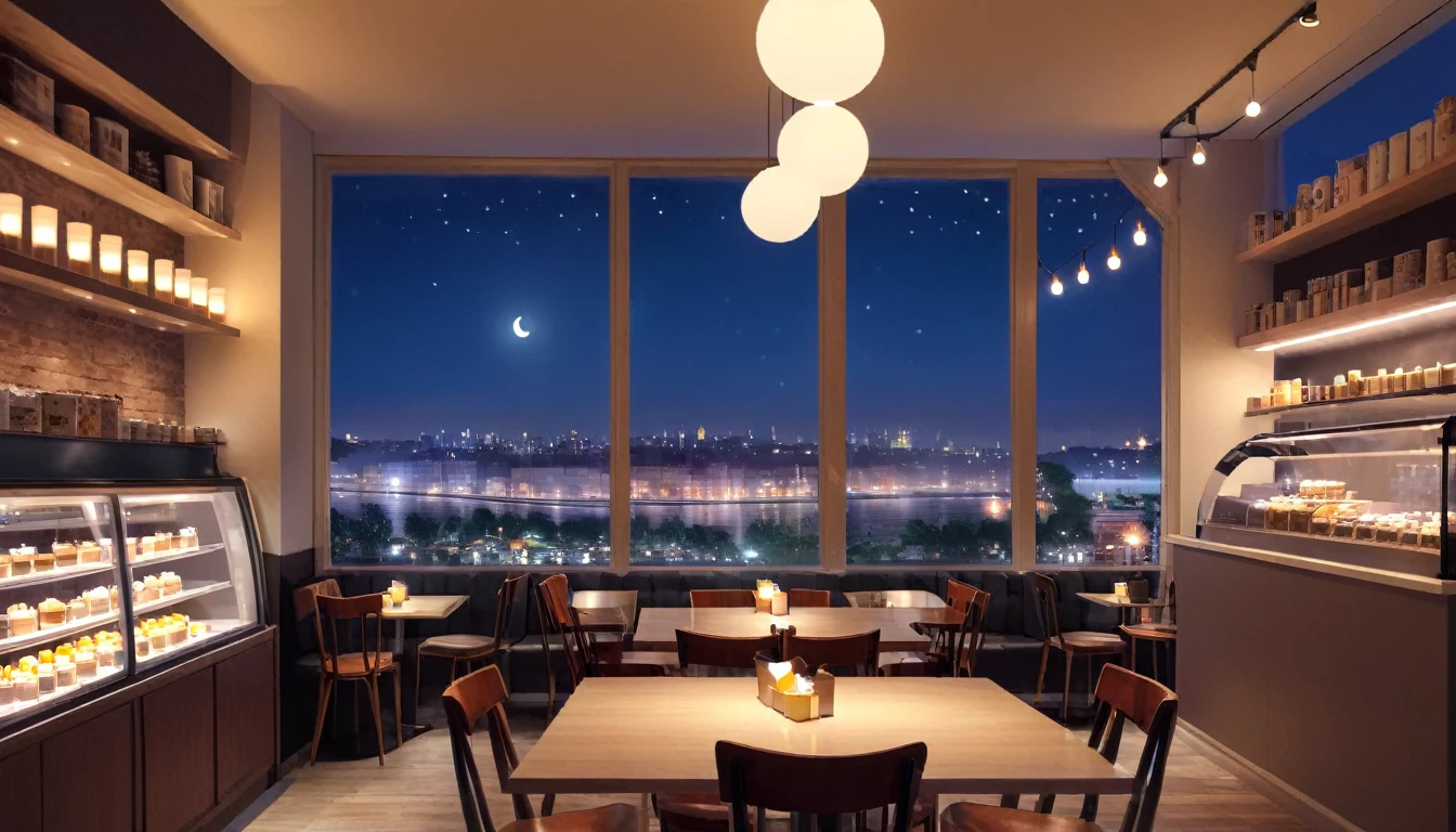 a cozy night time at a coffe interior with cozy lighting and sweets in the shelves. There are coffee cups in the tables. There is a big window in the middle of the coffeeshop and the outside view is a city