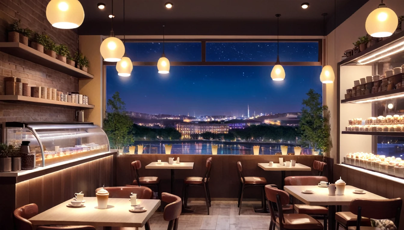 a cozy night time at a coffe interior with cozy lighting and sweets in the shelves. There are coffee cups in the tables. There is a big window in the middle of the coffeeshop and the outside view is a city