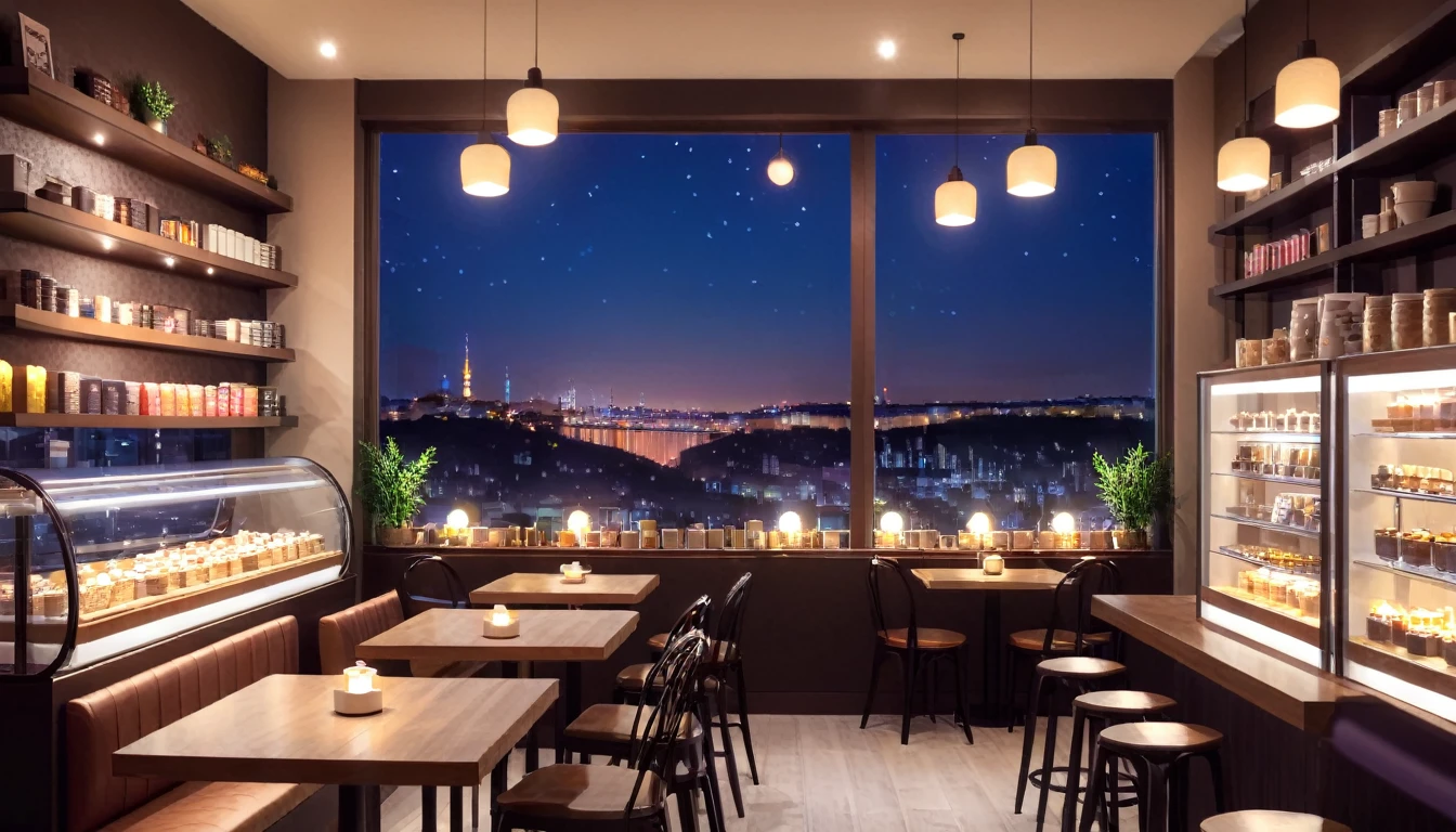 a cozy night time at a coffe interior with cozy lighting and sweets in the shelves. There are coffee cups in the tables. There is a big window in the middle of the coffeeshop and the outside view is a city