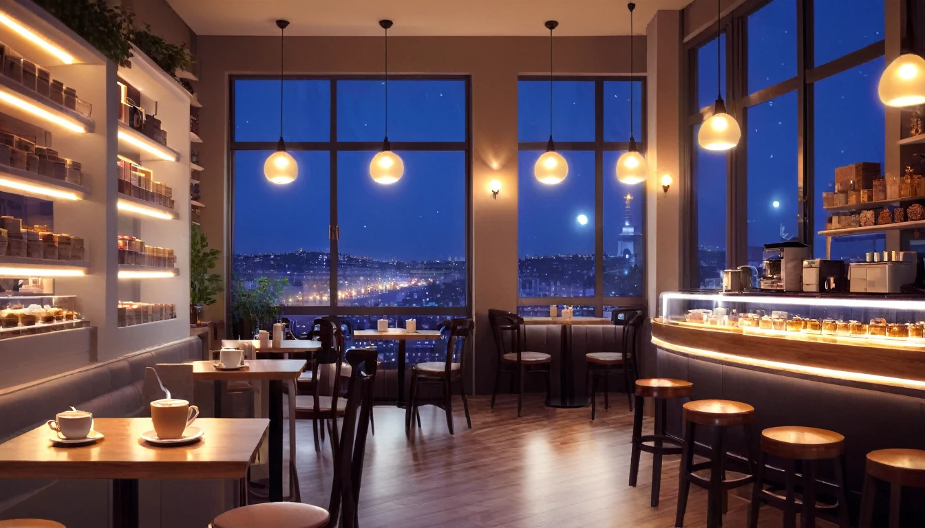 a cozy night time at a coffe interior with cozy lighting and sweets in the shelves. There are coffee cups in the tables. There is a big window in the middle of the coffeeshop and the outside view is a city