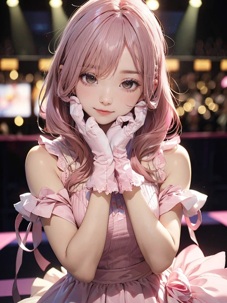 (Awareness-raising:1.1)、(Highest quality)、(masterpiece:1.1)、(Beautiful and vivid background:1.25)、(masterpiece、Highest quality、Ultra-detailed)、(Photorealistic)、(Beautiful and fine details)、Big Stage、Stage lighting、(Pink Hair、Redhead)、
One Girl、alone、Looking at the audience、Cowboy Shot、Upper body、
Ayumu Uehara、Yellow Eyes、Ruffled Dress、Pastel Pink Dress、A light smile、Depth of written boundary、(Pastel pink gloves:1.4)、Frilled gloves、Sweeping bangs、
Exposing shoulders、Close one eye、Rounded teeth、
Love Pose,Double V,