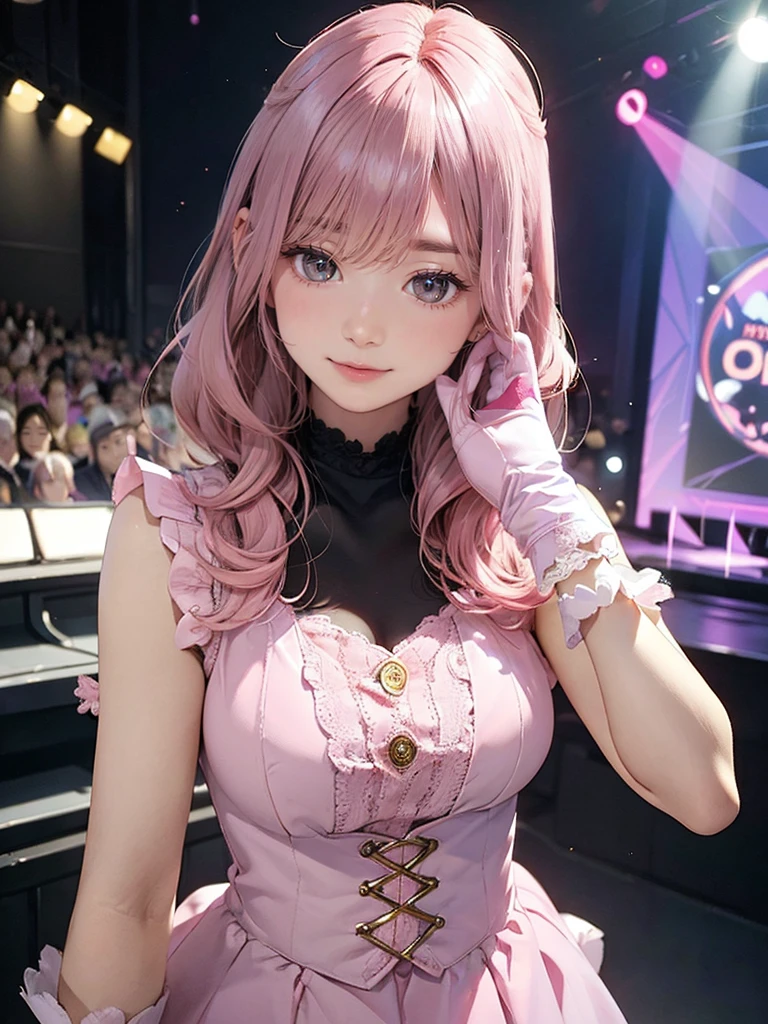 (Awareness-raising:1.1)、(Highest quality)、(masterpiece:1.1)、(Beautiful and vivid background:1.25)、(masterpiece、Highest quality、Ultra-detailed)、(Photorealistic)、(Beautiful and fine details)、Big Stage、Stage lighting、(Pink Hair、Redhead)、
One Girl、alone、Looking at the audience、Cowboy Shot、Upper body、
 Ayumu Uehara、Yellow Eyes、Ruffled Dress、Pastel Pink Dress、A light smile、Depth of written boundary、(Pastel pink gloves:1.4)、Frilled gloves、Sweeping bangs、
Exposing shoulders、Close one eye、Rounded teeth、
Love Pose,Double V,