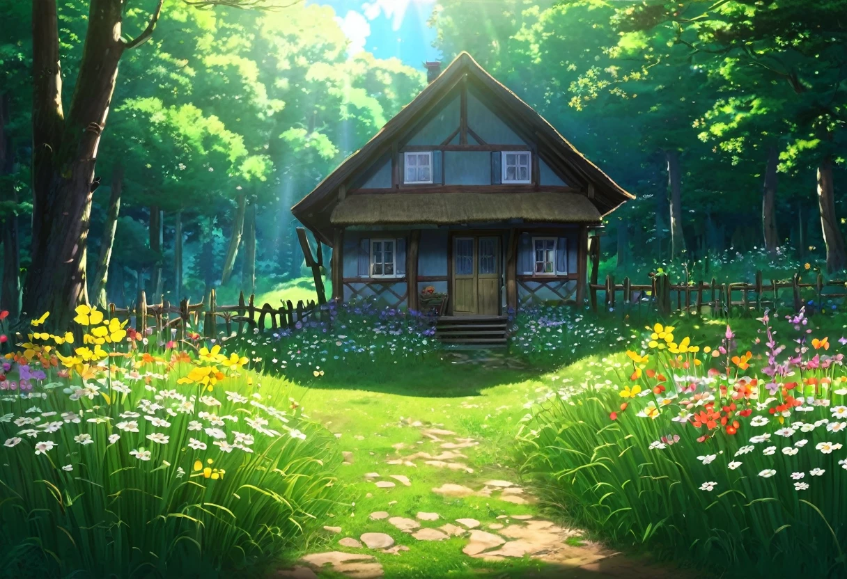 anime, the small house in the forest, girl, fence, Flowers, butterfly, wood, Grass, sun, sunbeams, sun, the small house in the forest, cottage in the woods, anime background art, Hut in the forest, beautiful anime scene, beautiful anime scenery, House in the Forest, fantasy matte painting,cute, Ghibli Studio Style